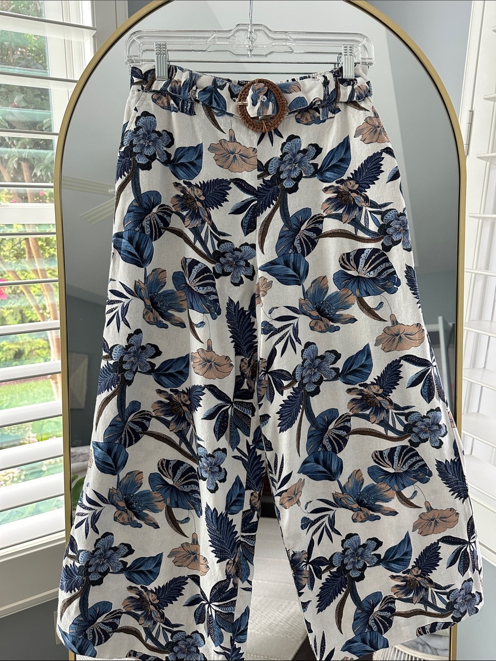 Floral Print Wide-Leg Midi-pants with Belt - Blue & Beige